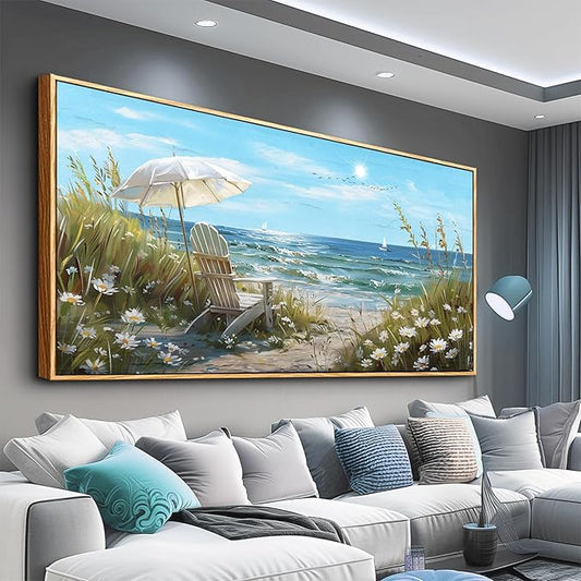 ERQINHUA Large Wall Decor For Living Room Canvas Wall Art For Restaurant Office Decorations Blue Sea Ocean Paintings Beach Chair Wall Pictures Modern Home Decor Ready To Hang Wood Framed 20x40 In