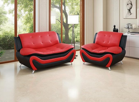 Black&Red Faux Leather Sofa Couches, 2PCS Living Room Sofa Sets, Living Room Furniture Sets, Loveseat and Chair for Bedroom, Rv Car, Office