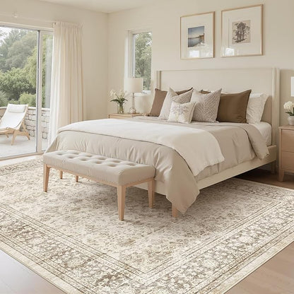 Area Rug 5x8 Washable Vintage - Soft Traditional Rugs for Living Room Large Non Slip Backing with Low Pile Farmhouse Oriental Retro Carpet for Bedroom Dining Room or Home Office - Yellowish Brown
