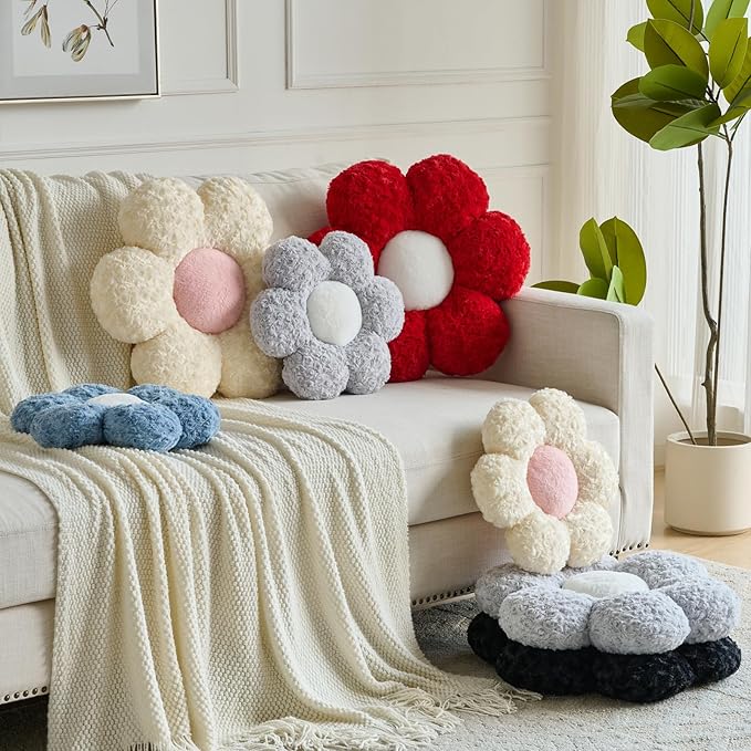 Flower Pillows, Decorative Throw Pillow with Soft Plush for Couch, Flower Shaped Pillow Home Decor Daisy Pillow for Bed (Grey, 14.9 Inches)