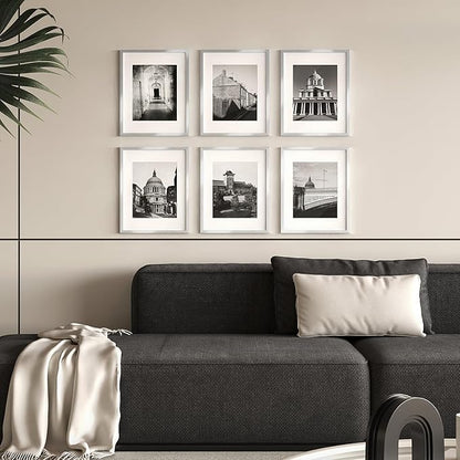 11x14 Picture Frame Set of 6 with Plexiglass, Display Pictures 8x10 with Mat or 11x14 Without Mat for Tabletop Display and Wall Mounting, Silver