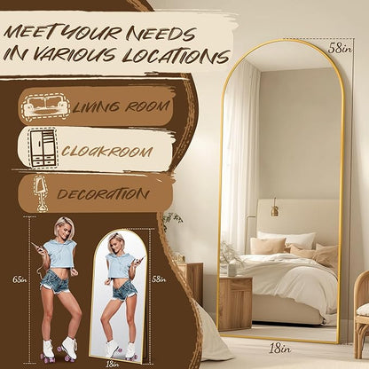 Antok Arched Full Length Mirror, 56"x14" Gold Metal Frame Floor Mirror for Bedroom Living Room, Freestanding/Wall Mount/Leaning