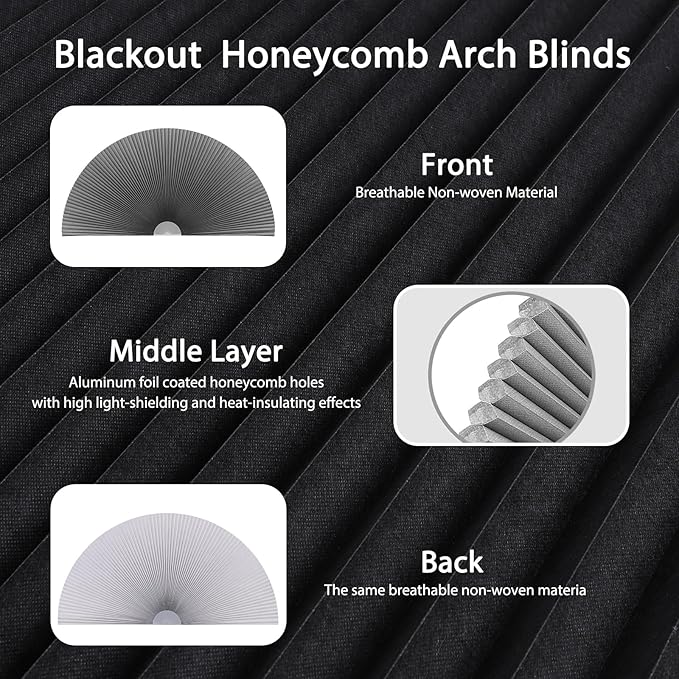 Arch Window Shade Blackout Cellular Shades Half Circle Moon Window Covering No Drill Honeycomb Cordless Blinds for Indoor Window Room Darkening Easy Install Light Blocking Blinds (1, Grey, 36x18inch)