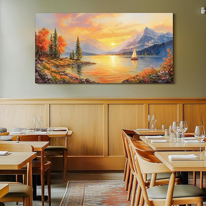 SERIMINO Autumn Landscape Wall Art, Lake Sunset Canvas Extra Large Artwork, Mountain Forest Boat Nature Art Prints, Modern Wall Pictures for Living Room Bedroom, Rustic Farmhouse Wall Decor 29"X57"