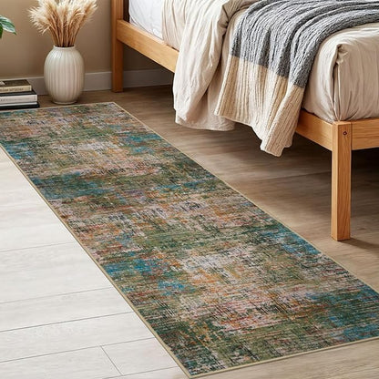 KILOCOCO Modern Abstract Runner Rug 2x6 ft Washable Hallway Runner Rug Non Slip Soft Pinted Kitchen Runners for Hallways Entryway Bedside Laundry Room Floor Runners, Green/Orange/Blue