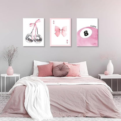 Framed Pink Canvas Wall Decor Set of 3, Pink Bow Wall Art Oil Painting, Girls Preppy Room Decor Picture, Trendy Disco Ball Print Poster for Teen Girl Apartment Bedroom Living Room Aesthetic 16x24 Inch