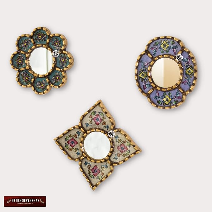 Artisan Handcrafted Wall Mirror Set, 3 Floral Shape Mirrors, Bronze Finish Frame, Turquoise Purple Beige Glass