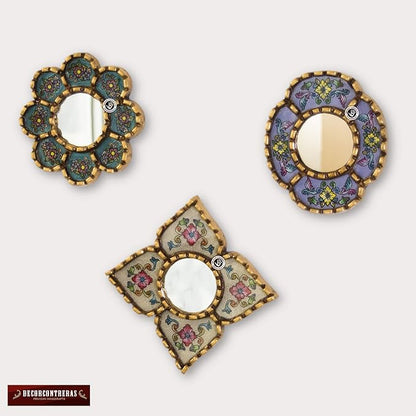 Artisan Handcrafted Wall Mirror Set, 3 Floral Shape Mirrors, Bronze Finish Frame, Turquoise Purple Beige Glass