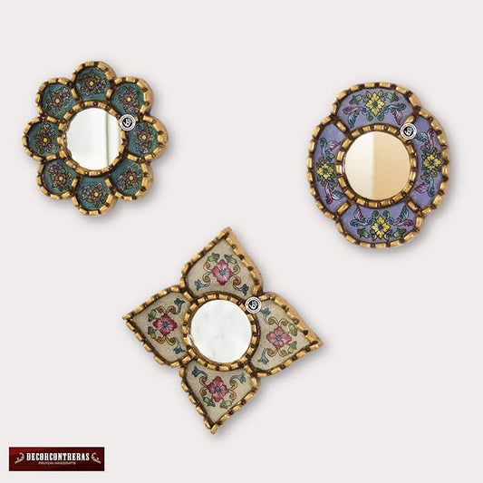 Artisan Handcrafted Wall Mirror Set, 3 Floral Shape Mirrors, Bronze Finish Frame, Turquoise Purple Beige Glass