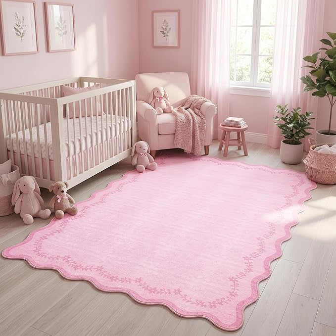 GarveeHome 4x6 Pink Valentines Scalloped Washable Area Rug for Girls Bedroom, Solid Floral Soft Nursery Rug Non Slip Low Pile Small Carpet Stain Resistant Throw Rug for Dorm Kids Room Dining Room