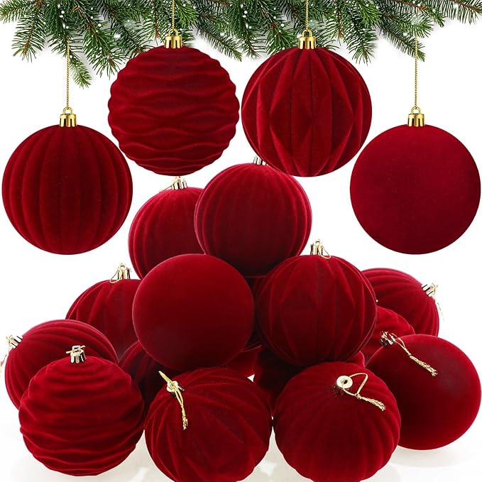 Liliful 12 Pcs Velvet Christmas Ornaments Balls, 4 Inch Flocked Plastic Christmas Tree Ball Shatterproof Hanging Ornaments Decorations for Xmas Tree Vintage Holiday Rustic Home Decor(Wine Red)