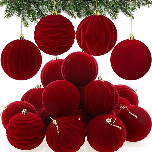 Liliful 12 Pcs Velvet Christmas Ornaments Balls, 4 Inch Flocked Plastic Christmas Tree Ball Shatterproof Hanging Ornaments Decorations for Xmas Tree Vintage Holiday Rustic Home Decor(Wine Red)