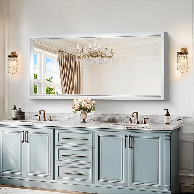 60"x28" Brushed Silver Bathroom Mirror, Large Rectangular Mirror for Wall, 0.6" Thickened Deep Frame Mirrors for Bathroom Sink, Shatterproof Tempered Glass, Antirust, Horizontally or Vertically