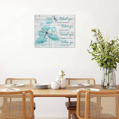 LB Farmhouse Floral Inspirational Wall Art Vintage Watercolor Teal Flower with Dragonfly Canvas Wall Art Modern Motivational Wall Decor for Bedroom Bathroom Living Room Framed Ready to Hang 8L x 10W