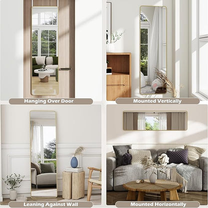 Full Length Door Mirror 14x48, Metal Frame with Protective Film, No-Drilling Hanging or Wall Mount (Horizontal/Vertical), Hooks & Hardware Included, Full Body Mirror for Bedroom, Dorm, Gold
