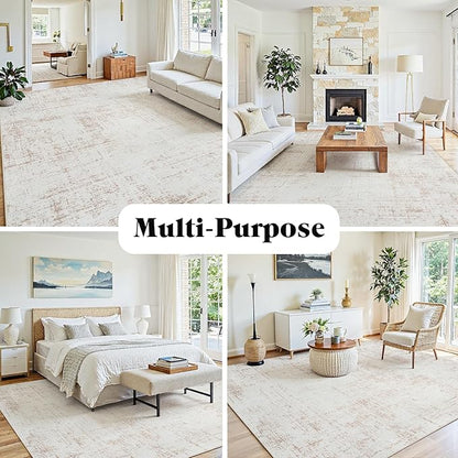 9x12 Area Rugs for Living Room Washable Rug: Anti-Skid Abstract Modern Living Room Rug Soft Thin Carpets Indoor Floor Non-Shedding Carpet for Bedroom Dining Farmhouse Nursery Home Office Beige White