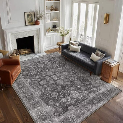 Washable 6x9 Area Rugs for Living Room, Boho Non-Slip Vintage Distress Large Rugs for Bedroom Dining Room Nursery Office, 0.3" Neutral Oriental Throw Thin Carpet, Grey/Multi, E3