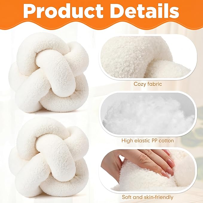 Beeveer 2 Pcs Knot Pillow Ball 12 Inch Soft Decorative Teddy Boucle Knot Throw Pillows for Home Bed Couch Living Room Decor(Ivory)