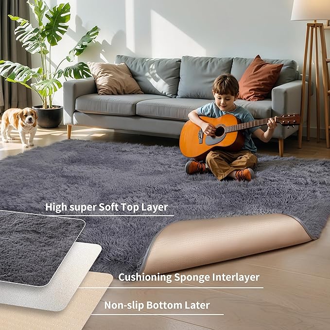 KICHOWUA Thick Area Rug 5x7 Grey Fluffy Shag for Bedroom, Extra Soft Plush Fuzzy Washable Thickened Non-Slip Floor Carpet for Living Room, Cozy Furry Shaggy Rug for Kids Baby Boys Girls Nursery Dorm