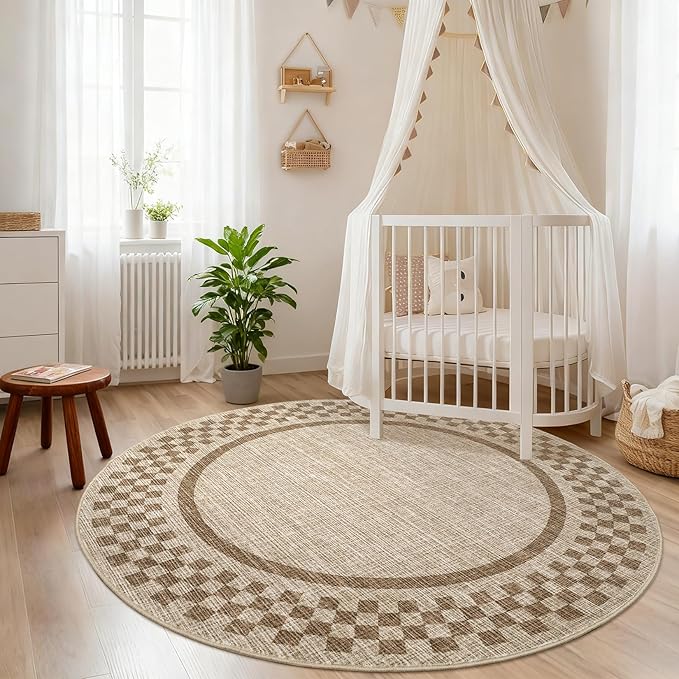 4ft Washable Round Rug for Entryway Modern Checkered Bedroom Circle Rug Non Slip Soft Dining Room Round Throw Carpet Small Stain Resistant Border Round Rugs for Living Room Kitchen Bathroom, Taupe