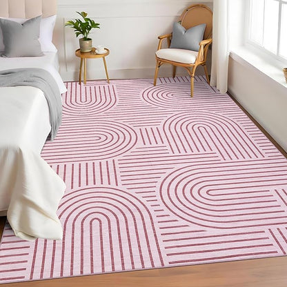 ROYHOME Washable Rug 8x10 Area Rugs for Living Room, Abstract Rug for Bedroom, Soft Rainbow Non Slip Throw Rugs with Rubber Back, Low Pile Stain Resistant Boho Geometric Carpet for Dining Room, Pink
