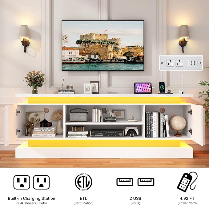 St.Mandyu 71" 2 LED TV Stand for TVs 85 inch,High Gloss Gaming Tall Entertainment Center w/Power Outlet,6000-Colors LED Lights,Modern TV Media Console Table with 2 Cabinets for Living Room,White