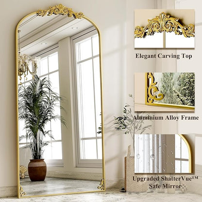 GLSLAND 77"x 38" Vintage Full Length Mirror - Large Carved Floor Mirror with Metal Frame Baroque Arched Full Body Mirrors for Bathroom/Living Room/Entryway,Gold