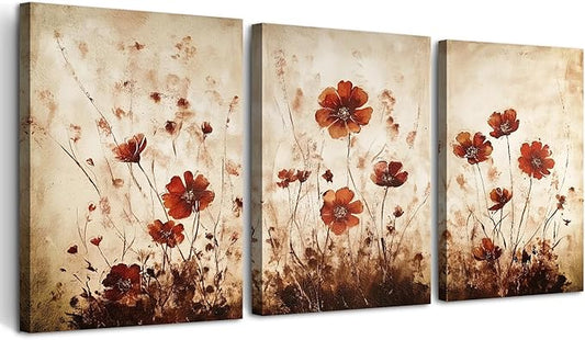 TTHYUEWS Boho Wall Decor for Bedroom Canvas Wall Art for Living Room Office Decorations Flowers Wall Pictures Watercolour Paintings Artwork Modern Aesthetic Bathroom Home Decor 3 Piece Ready To Hang