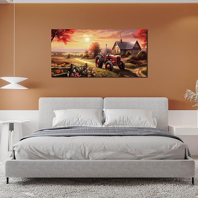 ANCXWOTER Canvas Wall Art Sunset Landscape Canvas Prints Vintage Red Tractor for Living Room Bedroom Office Home Decor Country Farmhouse Artwork 24x48 Inch