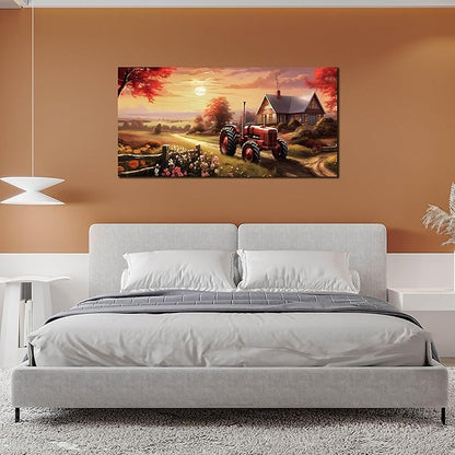 ANCXWOTER Canvas Wall Art Sunset Landscape Canvas Prints Vintage Red Tractor for Living Room Bedroom Office Home Decor Country Farmhouse Artwork 24x48 Inch