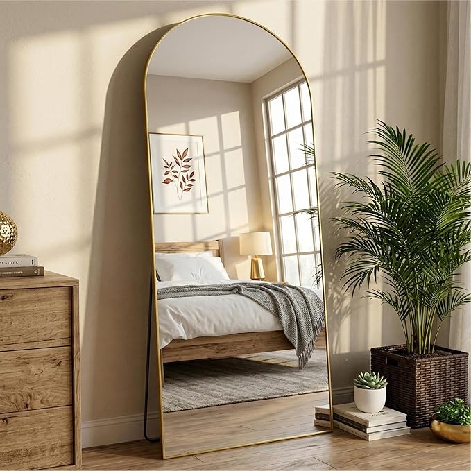 Arched Full Length Mirror 71 x 28 Inch, Full Body Mirror with Stand, Standing Hanging or Leaning Against Wall, Metal Frame Floor Mirror for Bedroom, Living Room, Cloakroom,Gold
