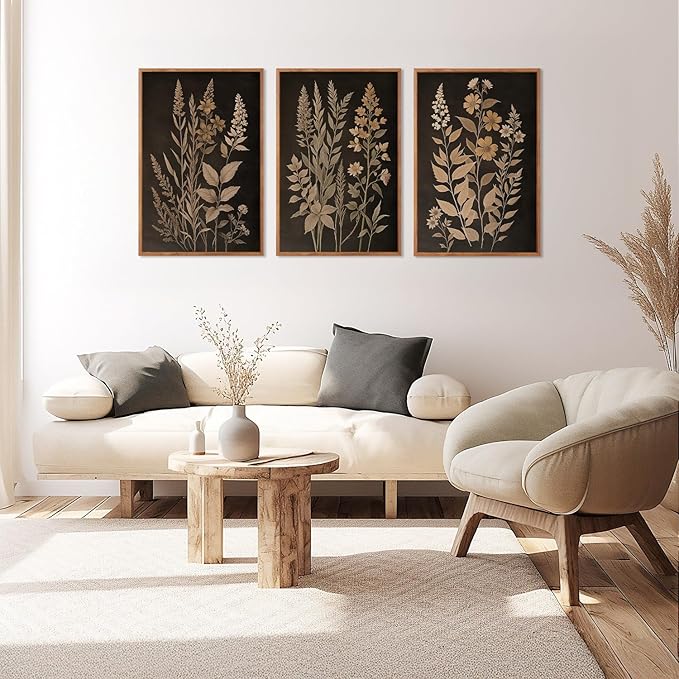 HLNIUC Vintage Botanical Fern Framed Canvas Wall Art Set,Black and Tan Plant Leaves Wall Decor,Modern Farmhouse Art Print,Neutral Minimalist Herb Floral Wall Painting for Living Room,Office - 24x36x3