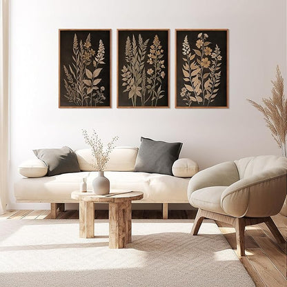 HLNIUC Vintage Botanical Fern Framed Canvas Wall Art Set,Black and Tan Plant Leaves Wall Decor,Modern Farmhouse Art Print,Neutral Minimalist Herb Floral Wall Painting for Living Room,Office - 24x36x3