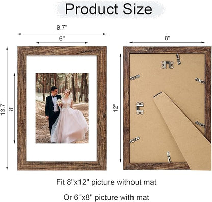 iRahmen 8x12 Picture Frame with Mat 6x8 - High Definition Real Glass Wooden Photo Frames for Tabletop Display and Wall Mounting (Brown, Set of 2)