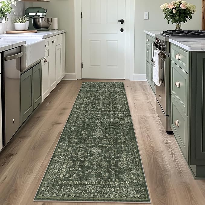 2x7 Green Runner Rug Hallway Washable Area Rugs Kitchen Vintage Boho Non Slip Long Rug Floral Carpet Indoor Retro Soft Low Pile Throw Rug for Bedroom Bathroom Laundry Dining Living Room Office