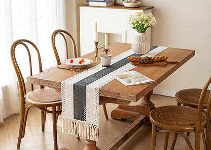 FEXIA Boho Table Runner for Summer Home Decor with Tassels 60 Inches Long Farmhouse Grey Rustic Burlap Table Runner Macrame Table Decoration for Kitchen Bedroom Living Room (12x60 Inches)