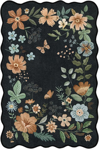 Lahome Floral Entryway Rug, 2X3 Washable Kitchen Rug Ultra-Thin, Non-Slip Soft Door Mat Indoor Entrance Boho Small Low-Pile Flore Carpet for Bathroom Bedroom (2x3ft,Black/Grey)