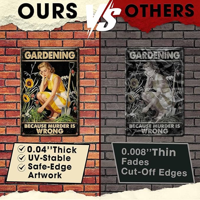 Gardening Because Murder Is Wrong Tin Sign Metal Sign Rustic Garden Decor Outdoor Yard Sign for Gardeners Unique Gifts 8x12Inch