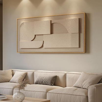 Large Framed 3D Neutral Abstract Wall Art for Living Room, Horizontal Modern Textured Paintings Artwork for Walls, Beige Geometric Pictures Wall Decor for Bedroom Dining Room Home Office, 60x30 In