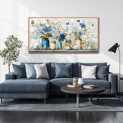 Wapluam Large Framed Wall Art,Floral Wall Art Bedroom,Blue Flowers Painting Prints,Retro Rustic Pictures Wall Decor,Farmhouse Canvas Artwork for Living Room Bathroom Kitchen Home Office Decoration