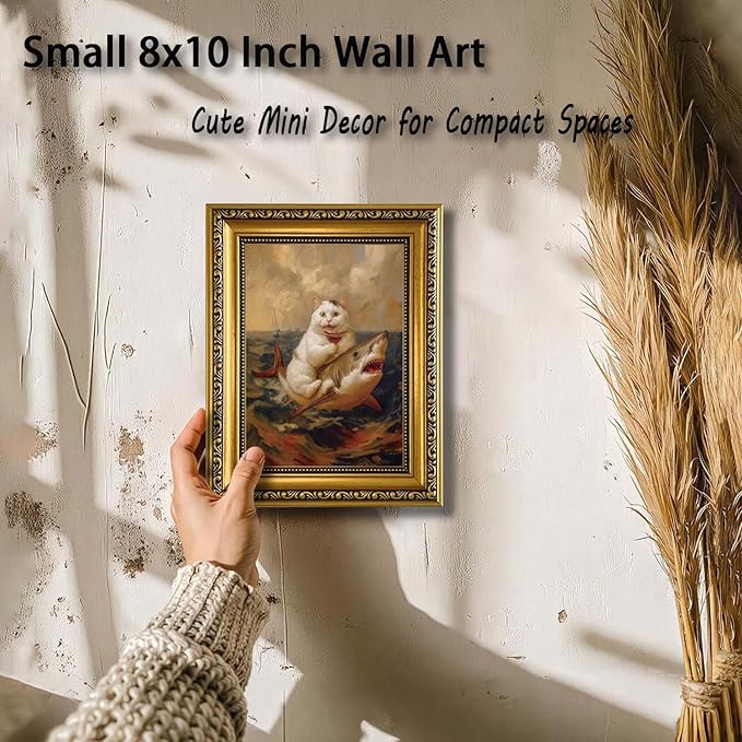 YD&YZY Gold Framed Funny Cat Bathroom Wall Art Canvas Vintage Quirky Humor Wall Decor Cat Riding Shark Martini Painting Picture Print Artwork for Bedroom Living Room Bathroom 8x10 inch Small Framed