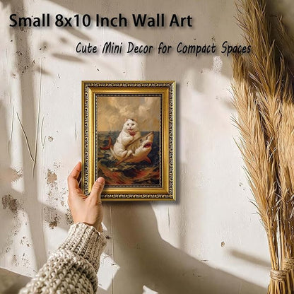 YD&YZY Gold Framed Funny Cat Bathroom Wall Art Canvas Vintage Quirky Humor Wall Decor Cat Riding Shark Martini Painting Picture Print Artwork for Bedroom Living Room Bathroom 8x10 inch Small Framed