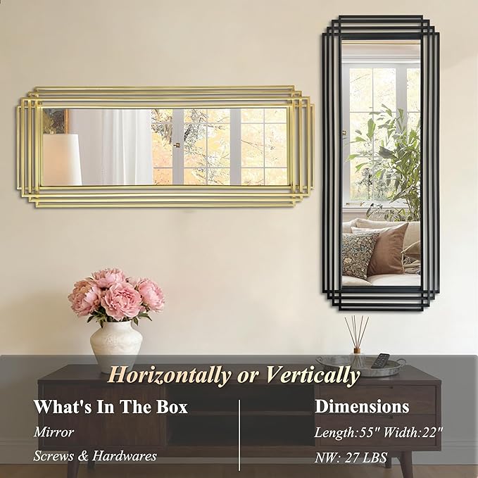 Modern Geometric Wall Mirror, 55"x22" Elegant Rectangle Mirror with Metal Frame, Large Art Wall Mirrors for Living Room Bathroom Bedroom Entryway Hallway, Hangs Vertically or Horizontally