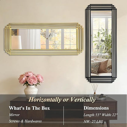 Gold Rectangle Mirror, 55"x22" Geometric Art Deco Mirror with Metal Frame, Large Modern Elegant Wall Mirrors for Living Room Bathroom Entryway Hallway, Hangs Vertically or Horizontally