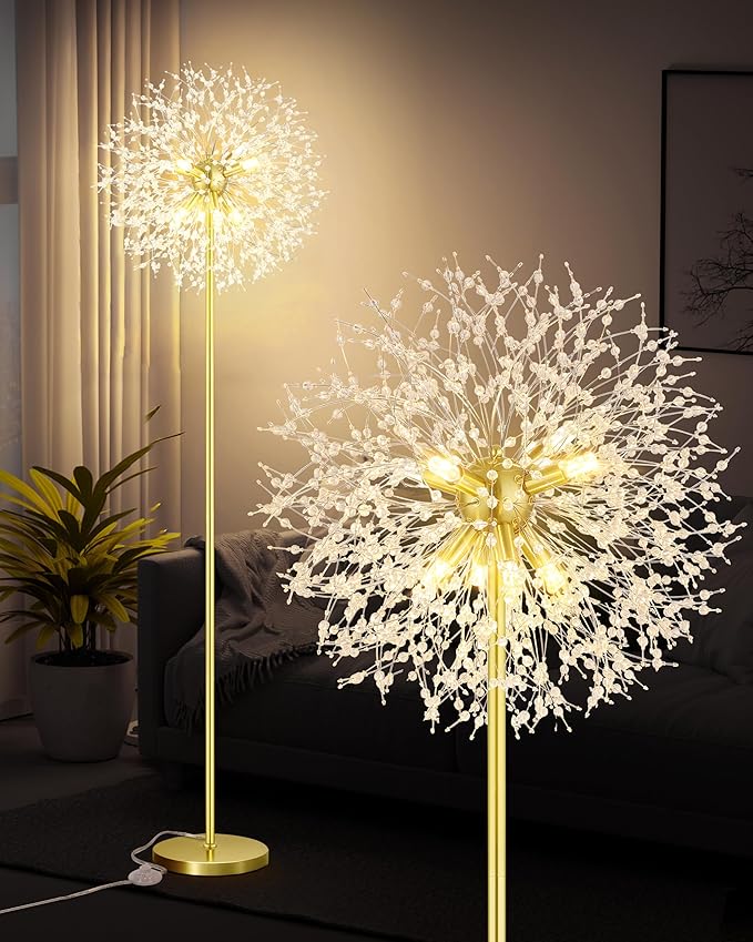 Crystal Floor Lamp, 69'' Modern Floor Lamp for Living Room, Standing Lamp with On/Off Foot Switch, Metal Tall Lamps with 659 PCS K9 Crystals, Gold Pole Living Room Lights (Gold/8) Bulbs NOT Included