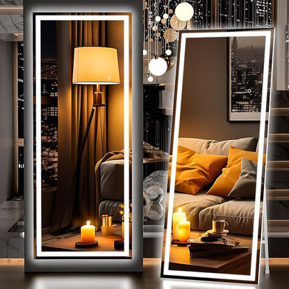 Hasipu Full Length Mirror with Lights, 67" x 24" LED Lighted Floor Standing, Full Body Dressing Hanging Mounted Mirror, Tempered Glass, Square White