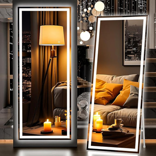 Hasipu Full Length Mirror with Lights, 67" x 24" LED Lighted Floor Standing, Full Body Dressing Hanging Mounted Mirror, Tempered Glass, Square White