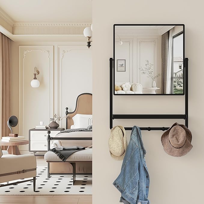 Modern Black Square Wall Mirror with Shelf and Hooks, 21.7 x 29.3 Inch Large Bathroom Mirror with 10° Adjustable Tilt for Entryway, Living Room, Hallway, Bedroom