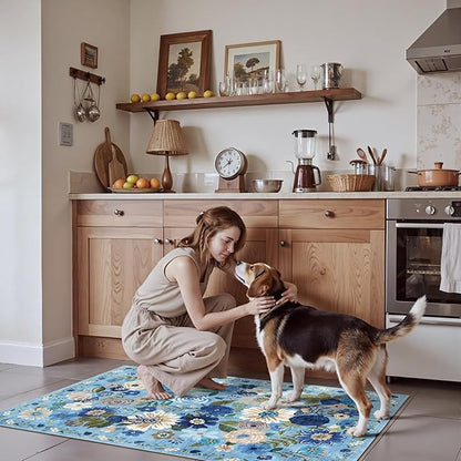 2x4 Entryway Runner Rugs, Non Slip Washable Rugs with Rubber Backing Soft Floral Carpet Runner for Kitchen, Laundry, Bedroom, Bathroom, Blue Garden, 2 x 4