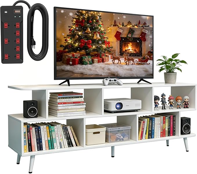 Lightdot 65 Inch TV Stand for 75 Inch TVs, Modern Entertainment Center with Power Outlets, Open Storage Shelf Media Console, Accent Sofa Table for Living Room Bedroom Apartment Dorm Home Office, White